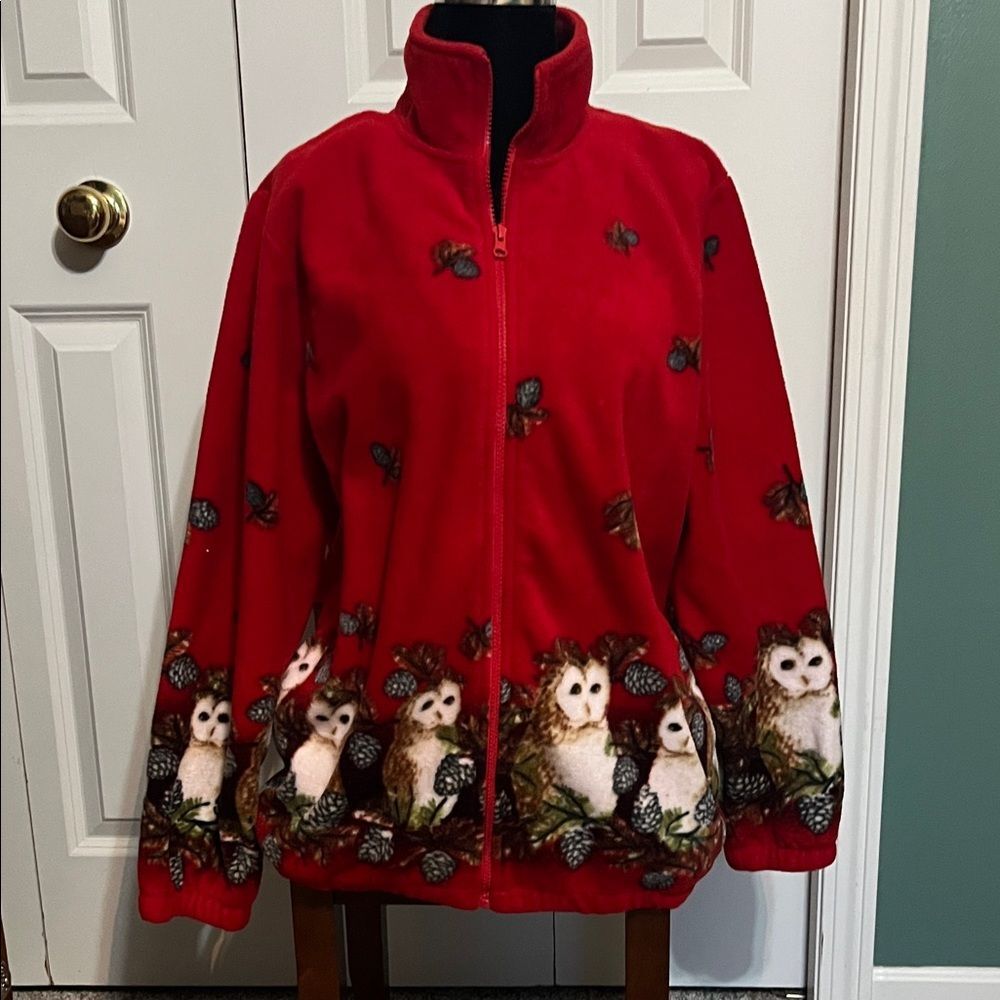 Vintage 80s 90s Blair Owl Fleece Full Zip Mock Neck Sweatshirt Jacket Granny L